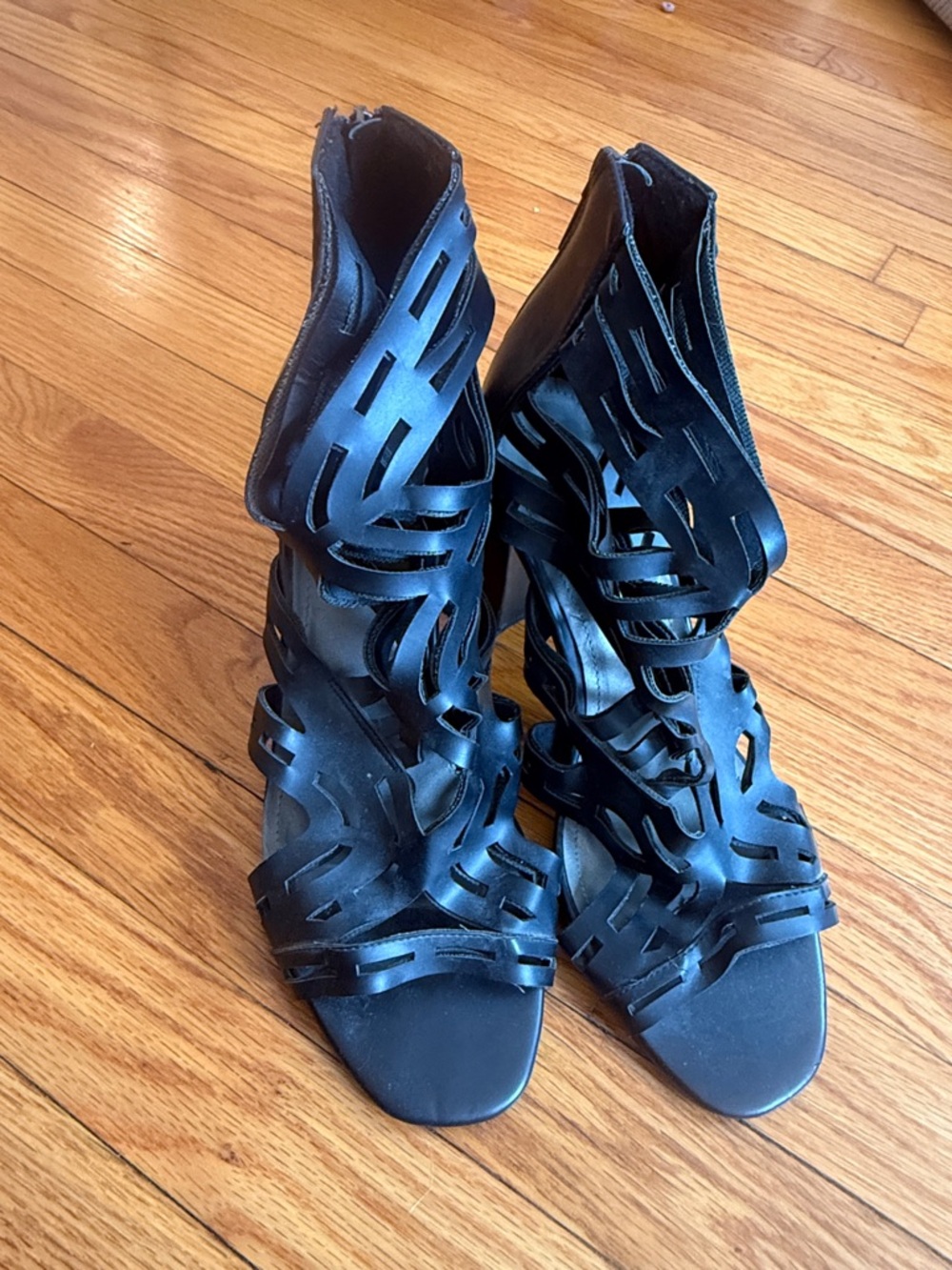 Catherines Black Laser-Cut Strappy High Heel Sandals